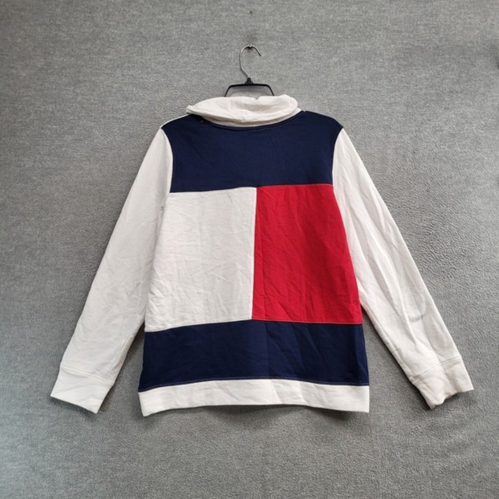 Tommy Hilfiger Women Sweatshirt XL White Colorblock Cowl Neck Logo Drawstring
